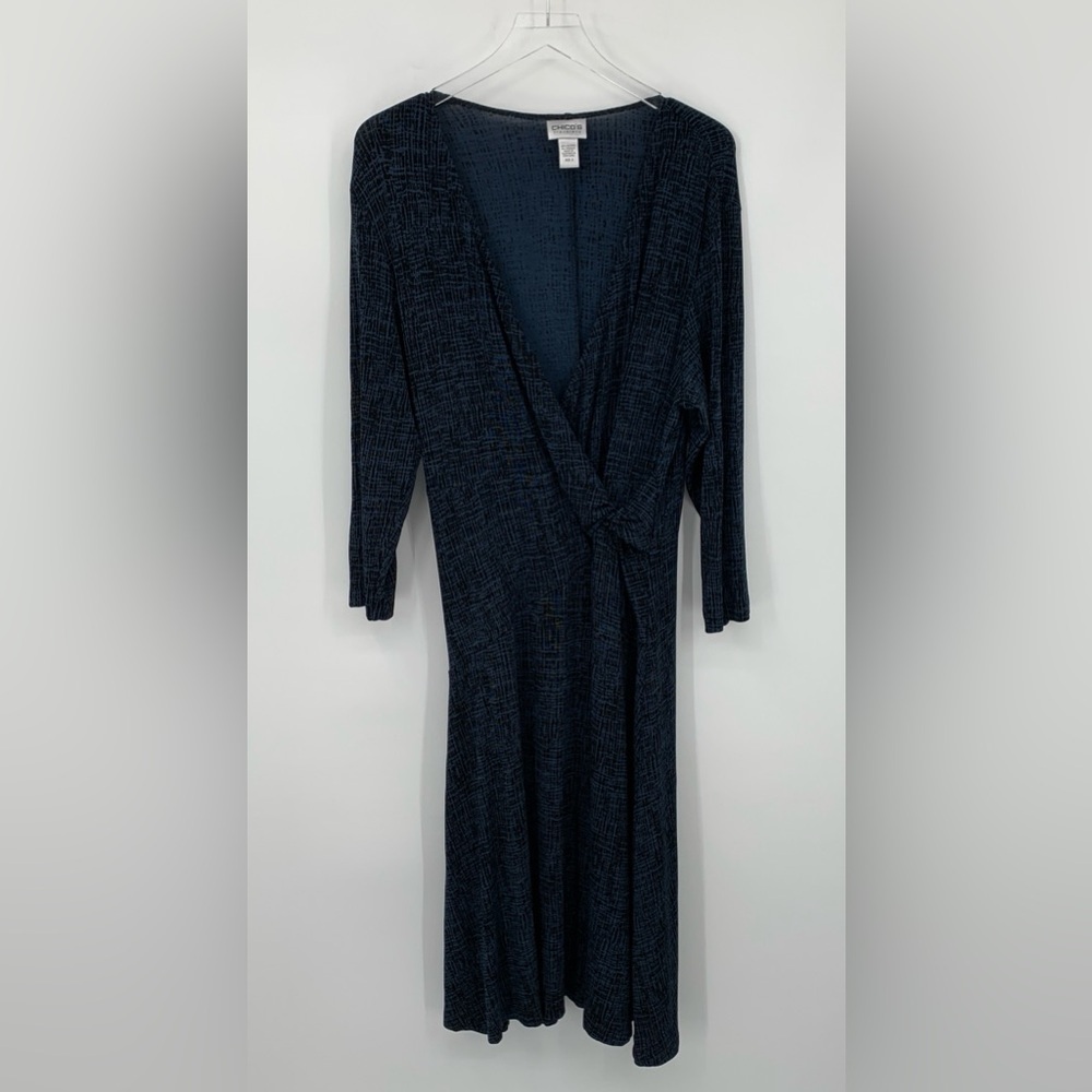 Chicos Travelers faux wrap surplice jersey knit dress navy black stretch 3 XL